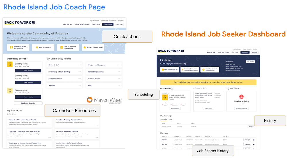 Screenshots of Job Coach (left) and Job Seeker pages (right)