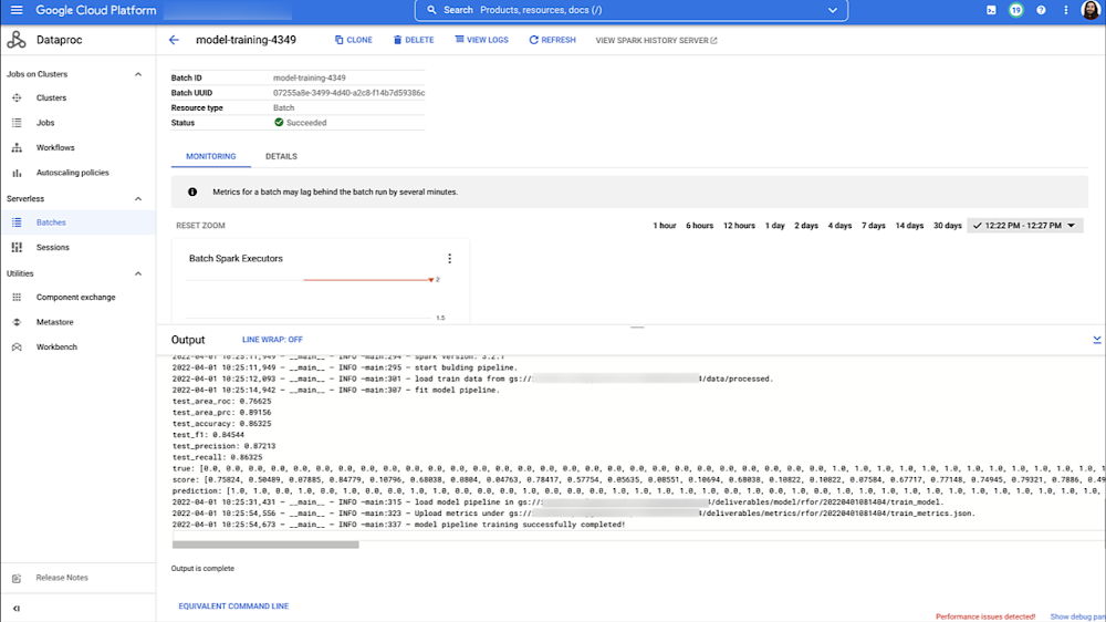 Figure 2  - The Batches view of Training job in the Dataproc UI