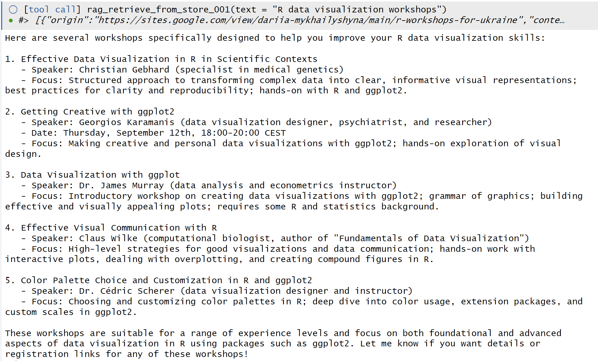 Ragnar demo app showing results when using ellmer to query a ragnar store in the console.