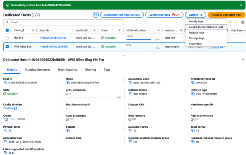 EC2 Mac M4 - Dedicated hosts Launch