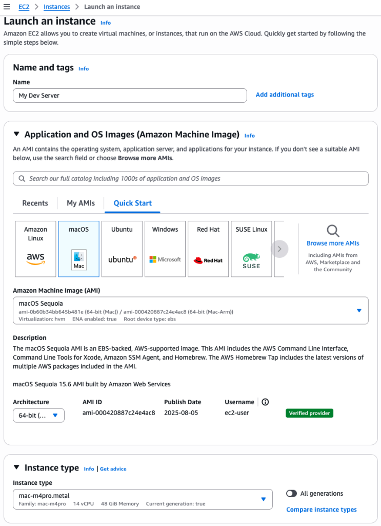 EC2 Mac M4 - Dedicated hosts Launch Details