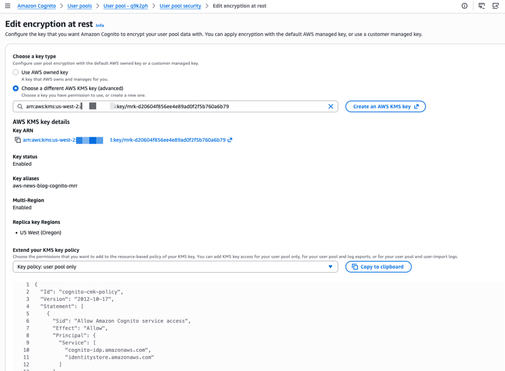 Cognito Multi-Region replication - select CMK