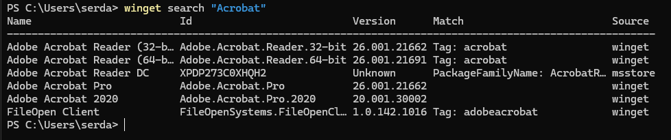 WinGet search output